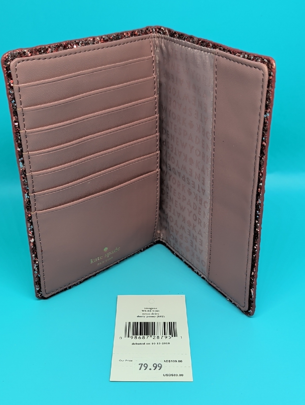 Kate Spade Dusty Peony Leather glitter-trim passport wallet Is NWT
